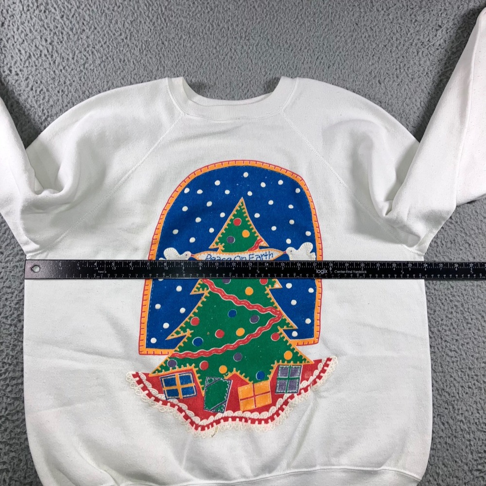 VTG Art By Design Zone Christmas Sweatshirt Womens XL White 80s Peace Tree - Picture 13 of 16
